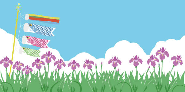 Iris herd pink carp streamer blue sky Created with Illustrator ＆ CLIP STUDIO PAINT. iris laevigata stock illustrations