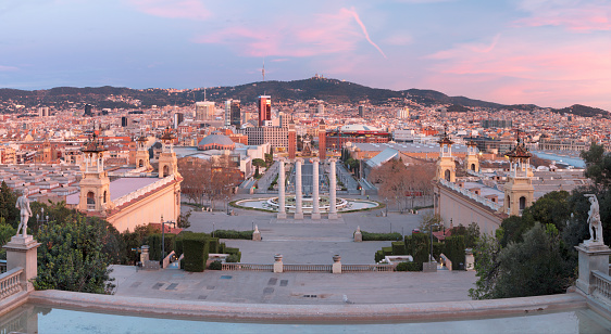 Barcelona - The panorama from the Palace Real with the Plaza Espana at the dusk.