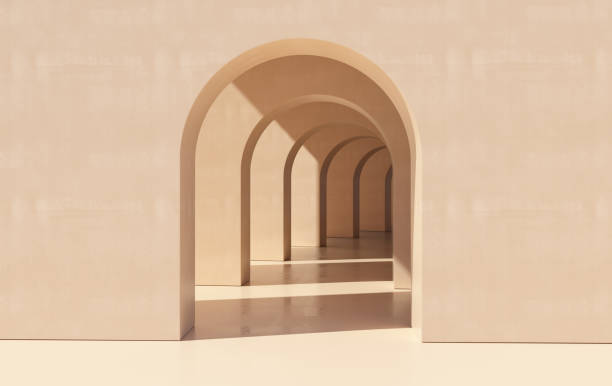 istock 3d rendering. Arch hallway simple geometric background, architectural corridor, portal, arch columns inside empty wall. Modern minimal concept 1303554467