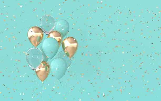 istock Illustration of glossy gold, pastel colored balloons and confetti background. Empty space for birthday, party, promotion social media banners, posters. 3d render realistic balloons 1303554476