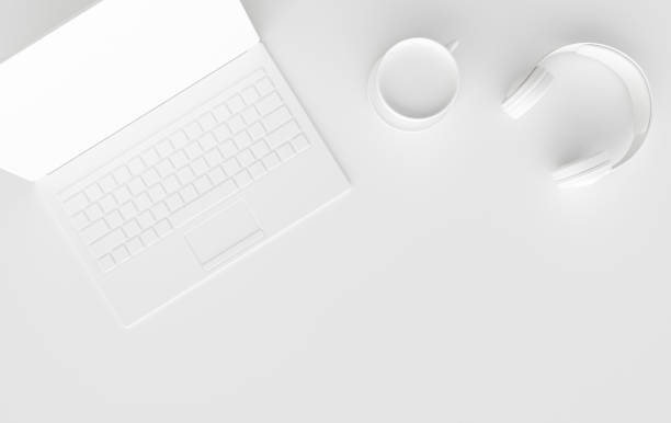 istock Laptop, phone, headphones, cup of coffee 3d rendering. Remote work, freelance, work space, lockdown, stay at home concept. Top view, white color 1303554486