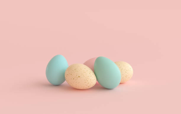 istock Pastel beige, pink and green easter eggs on pink background. 3d render, digitally generated template. Happy Easter big hunt or sale banner 1303554513