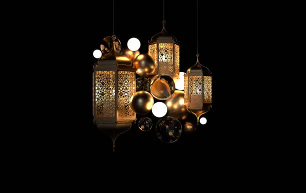 Photo of Golden lantern with candle, lamp with arabic decoration, arabesque design. Concept for islamic celebration day ramadan kareem or eid al fitr adha. 3d rendering illustration