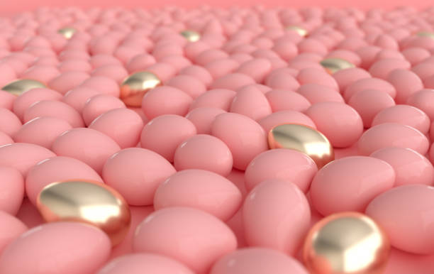 istock Pastel pink and golden easter eggs on pink background. 3d render, digitally generated template. Happy Easter eggs big hunt or sale banner 1303554533