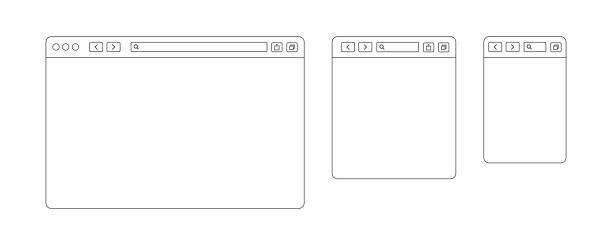 illustrations, cliparts, dessins animés et icônes de conception de ligne de fenêtre de navigateur. vecteur d’éléments web isolés. modèle de ligne avec fenêtre de navigateur pour la conception d’appareils mobiles. modèle vierge. conception du modèle de site web. maquette pour la conception du site - laptop browser isolated web page