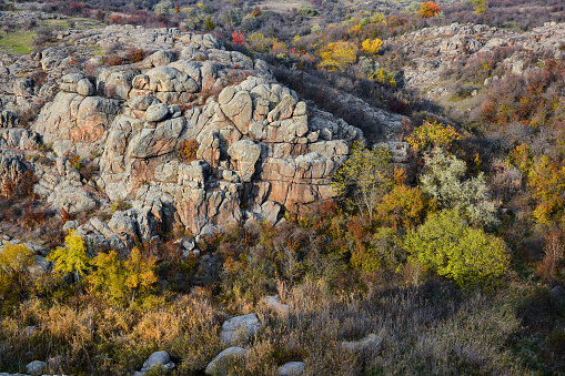 A granite canyon in the bed of the Mertvovod River in the village of Aktove, Ukraine. Colorful leaves of trees in the autumn landscape, colors of leaf-fall.