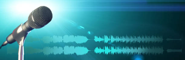 istock Microphone with yellow waveform on modern blue background, broadcasting or   podcasting banner 1303560411