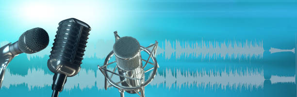 istock Microphone with yellow waveform on modern blue background, broadcasting or   podcasting banner 1303560440