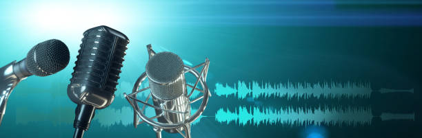 istock Microphone with yellow waveform on modern blue background, broadcasting or   podcasting banner 1303560479