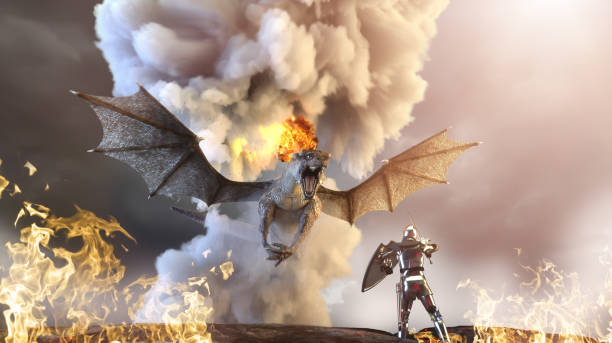 istock a knight fighting dragon, dragon versus man render 3d 1303560495