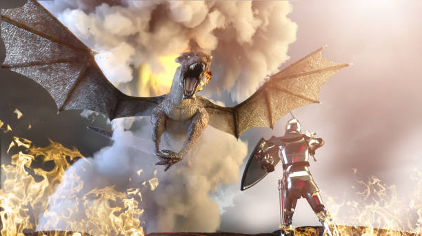 Futuristic legend: Superhero ninja is using laser sword to the brutal dragon.