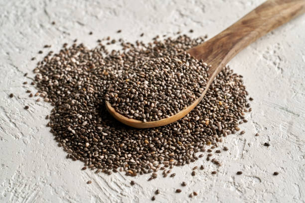 istock Chia seeds on a wooden spoon 1303561435