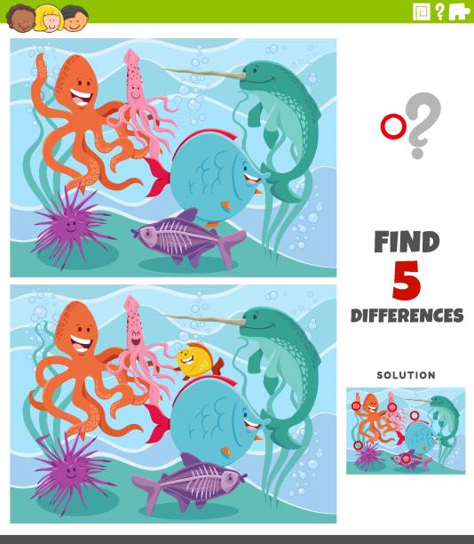 stockillustraties, clipart, cartoons en iconen met verschillen educatief spel met zeedieren - squid games