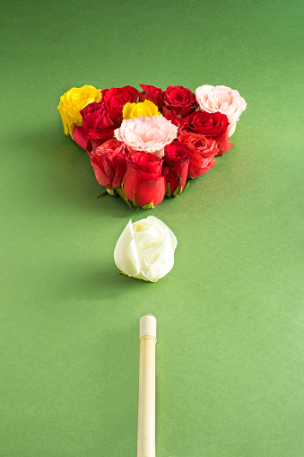 Creative arrangement with colorful flowers on a green background and with a billiard cue. Minimal nature and Mother's day concept.