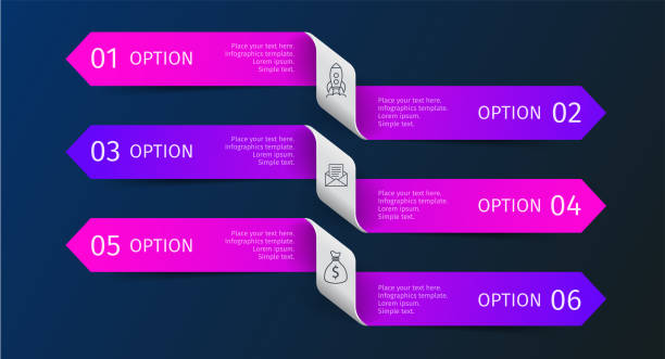 Infographics layout with 6 steps, parts, options, on dark background. Modern colorful glowing purple and blue timeline arrows. Template for horizontal diagram, presentation. Vector illustration Infographics layout with 6 steps, parts, options, on dark background. Modern colorful glowing purple and blue timeline arrows. Template for horizontal diagram, presentation. Vector illustration. arrow infographics stock illustrations