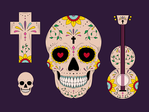 Dia de los Muertos Mexican. Decoration with sambrero and flowers. Vector illustration background.