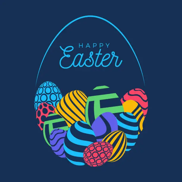 Vector illustration of Happy easter card with eggs. Many beautiful flat multi-colored flat eggs are laid out in the shape of a large egg. Vector illustration for easter on blue background.