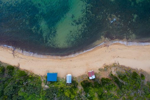 Aerial photograph of a beach hut captured on the Mornington Peninsula, Victoria, Australia.