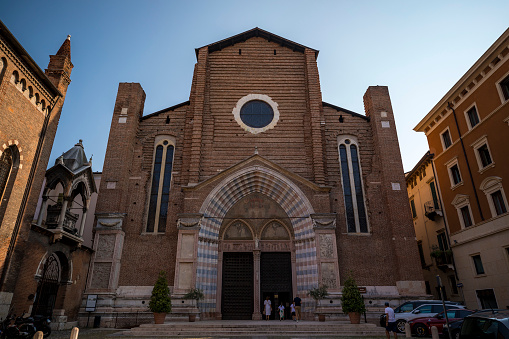 Verona, Italy, September 01, 2019: Basilica di Santa Anastasia church of Dominican Order in Piazza Santa Anastasia square, Gothic style building in historical city centre Citta Antica, Veneto Region.