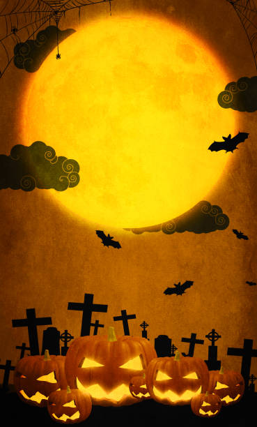 illustration 3d citrouilles heureuses sur fond orange d’halloween avec la chauve-souris de pleine lune et l’araignée les illustrations peuvent être employées pour la conception de vacances des enfants, les cartes, les invitations et les bannières - full moon audio photos et images de collection