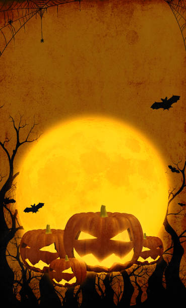 illustration 3d citrouilles heureuses sur fond orange d’halloween avec la chauve-souris de pleine lune et l’araignée les illustrations peuvent être employées pour la conception de vacances des enfants, les cartes, les invitations et les bannières - full moon audio photos et images de collection