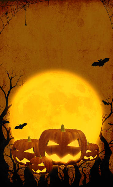 3d illustration happy pumpkins on orange halloween background with full moon bat and spider the illustrations can be used for the kids' holiday design, cards, invitations and banners - full moon audio imagens e fotografias de stock