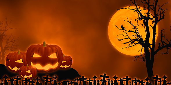 3d illustration Happy pumpkins on orange halloween background with full moon Bat and spider The illustrations can be used for the kids' holiday design, cards, invitations and banners