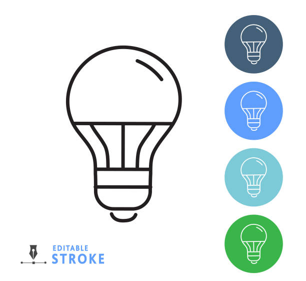 LED lightbulb line art Icon Vector illustration of a recycling and conservation line art icon on white background with no white box below. Fully editable stroke outline for easy editing. Simple set that includes vector eps and high resolution jpg in download. led light stock illustrations
