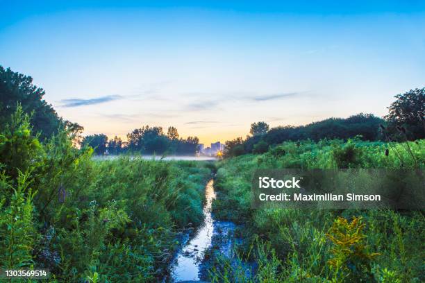 Sunrise Creek In The Field On A Summer Morning Metaphor For Direction Serenity And Peace In A Wild Field At Dawn Stock Photo - Download Image Now