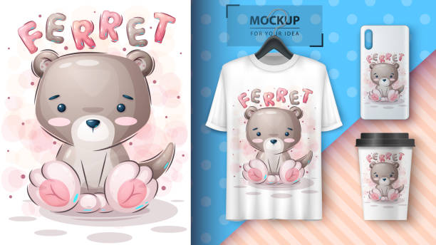 ilustraciones, imágenes clip art, dibujos animados e iconos de stock de teddy ferret- cartel y merchandising - ferret bizarre animal cartoon