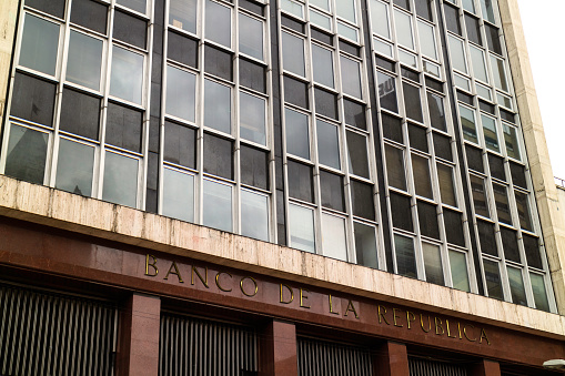 Bogota, Colombia - October 20, 2019: Looking upwards at the exterior of the Banco de la Republica in the Andean capital city of Bogota, in South America. It is the Central Bank of the Country. No people.