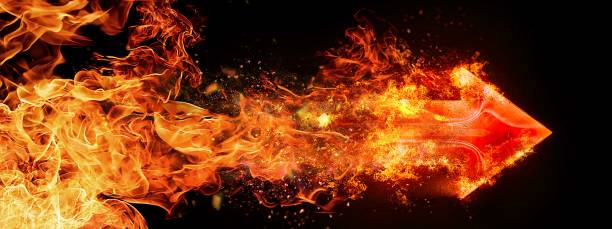 istock 3D illustration of a red arrow blowing fire 1303579498