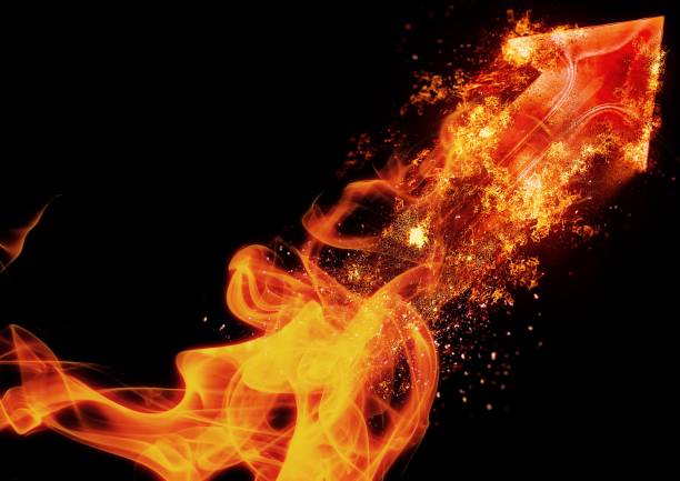 istock 3D illustration of a red arrow blowing fire 1303579503