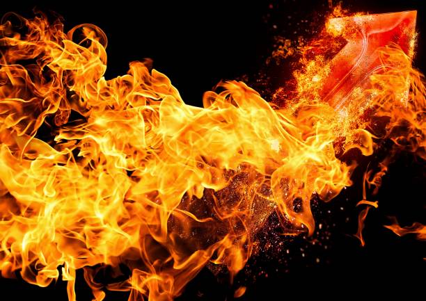 istock 3D illustration of a red arrow blowing fire 1303579514