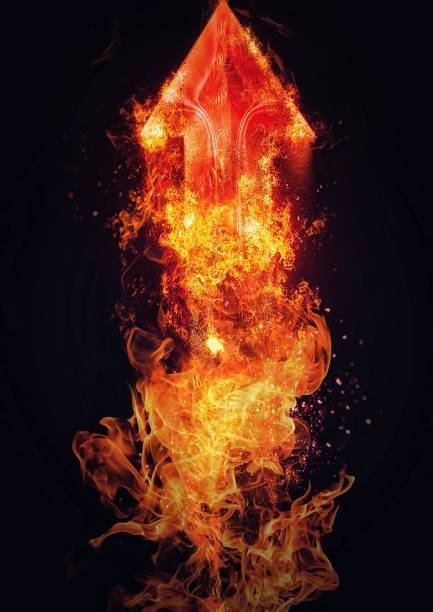 istock 3D illustration of a red arrow blowing fire 1303579518