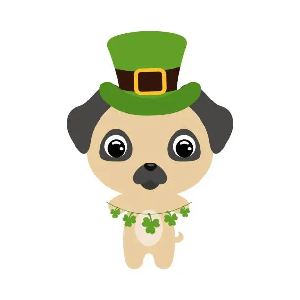 Vector illustration of Cute pug dog in green leprechaun hat. Cartoon sweet animal with clovers. Vector St. Patrick's Day illustration on white background. Irish holiday folklore theme.