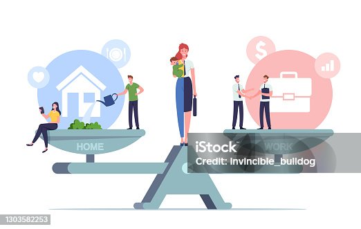 istock Work and Home Balance Concept. Tiny Characters Balancing on Huge Scales with Basic Values. Woman Separated on Two Halves 1303582253