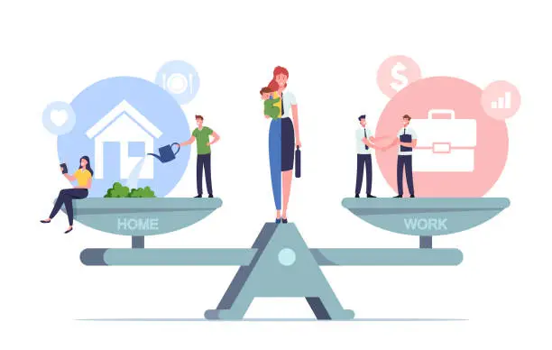 Vector illustration of Work and Home Balance Concept. Tiny Characters Balancing on Huge Scales with Basic Values. Woman Separated on Two Halves