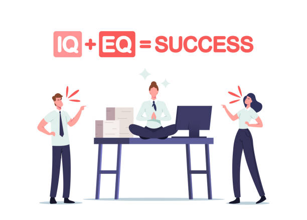 koncepcja równego sukcesu iq i eq. office people kłócą się w pracy biurko z relaxed businesswoman siedzieć w medytacji pose - lotus position audio stock illustrations