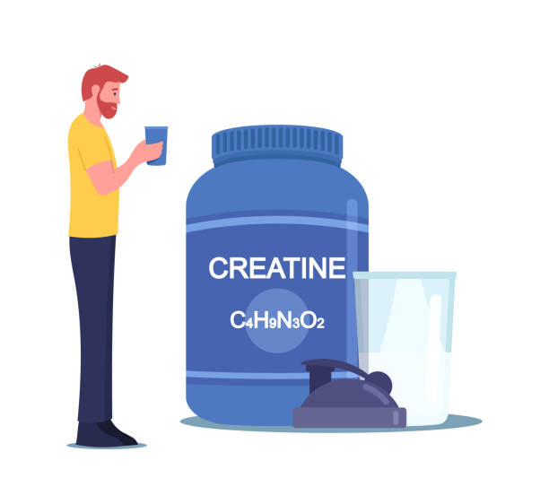 Sportsman Character Drink Creatine Cocktail from Shaker in Gym. Sportive Man Healthy Lifestyle. Fitness Recreation Sportsman Character Drink Creatine Cocktail from Shaker in Gym. Sportive Man Healthy Lifestyle. Fitness Recreation, Bodybuilding Activity and Food for Pumping Muscles. Cartoon Vector Illustration protein powder bottle stock illustrations