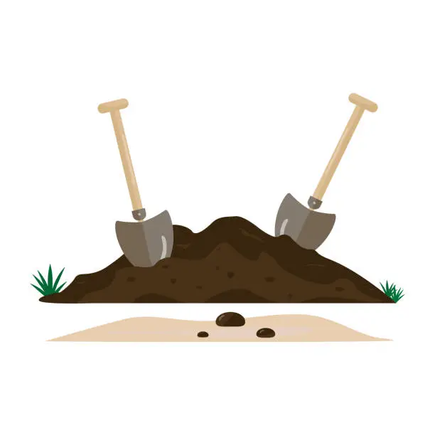 Vector illustration of Two shovels and soil. Garden tools. The concept of spring, field and agricultural and construction work. Earth, dirt and tools to dig a hole. Vector image. Flat style.