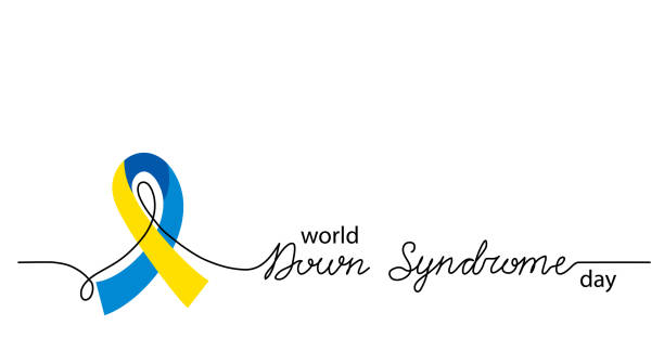 welt-down-syndrom-tag einfache vektor hintergrund, banner, poster mit gelben und blauen band symbol. schriftzug-down-syndrom - down syndrome stock-grafiken, -clipart, -cartoons und -symbole