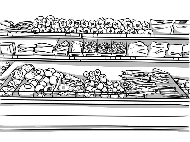 Organic Vegetables Store Selection Hand drawn sketch of the produce aisle at the grocery store with vegetables on display supermarket drawings stock illustrations