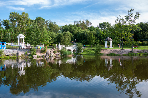 Khabarovsk, Russia, July 31, 2020:Park with a pond in the Northern district of Khabarovsk