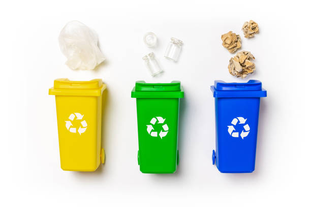 istock Recycled plastic. Bin container for disposal garbage waste and save environment. Yellow, green, blue dustbin for recycle paper and glass can trash isolated on white background. 1303584119