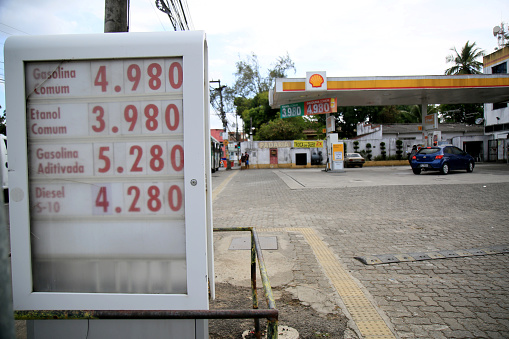 salvador, bahia, brazil - february 19, 2021: table with fuel prices at a gas station in the city of Salvador. Petrobras announces a new increase in oil derivatives at Brazilian refineries.