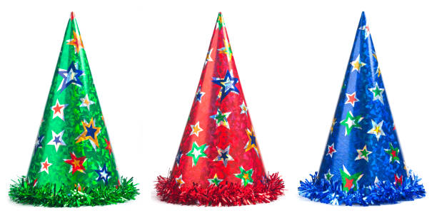 istock Set of shiny party hats on white background 1303588729