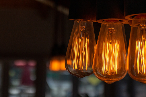 lightbulbs hangin in a cafe