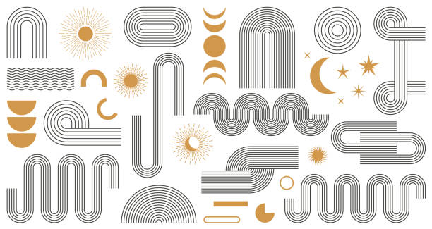 Abstract boho aesthetic geometric shape set with moon Abstract boho aesthetic geometric shape set. Contemporary mid century line design with sun and moon phases trendy bohemian style. Modern vector illustration harmony stock illustrations