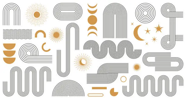 Vector illustration of Abstract boho aesthetic geometric shape set with moon